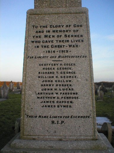 Sennen War memorial - WW1 side