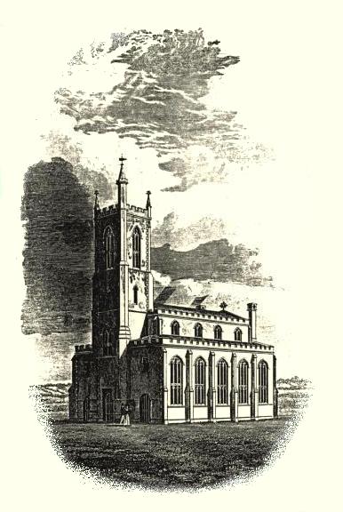 An engraving showing the church set in open fields. Published by John Chilcott of Wine Street