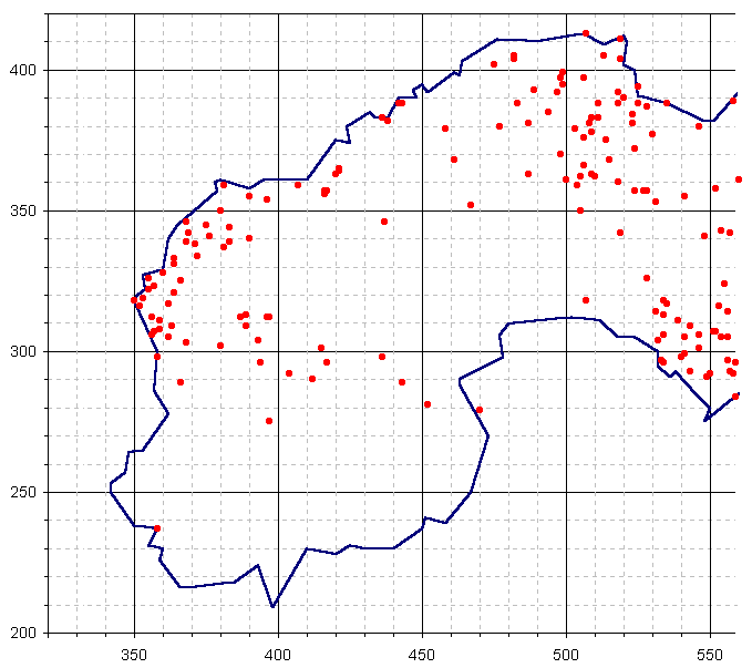 An outine of West Penwith with markers showing the locations of known mines